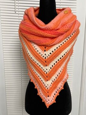 Handcrafted Orange & Cream Knit Triangle Shawl Scarf